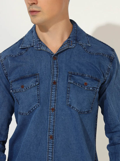 DOUBLE FLAP POCKET SPREAD COLLAR ACID BLUE DENIM SHIRT