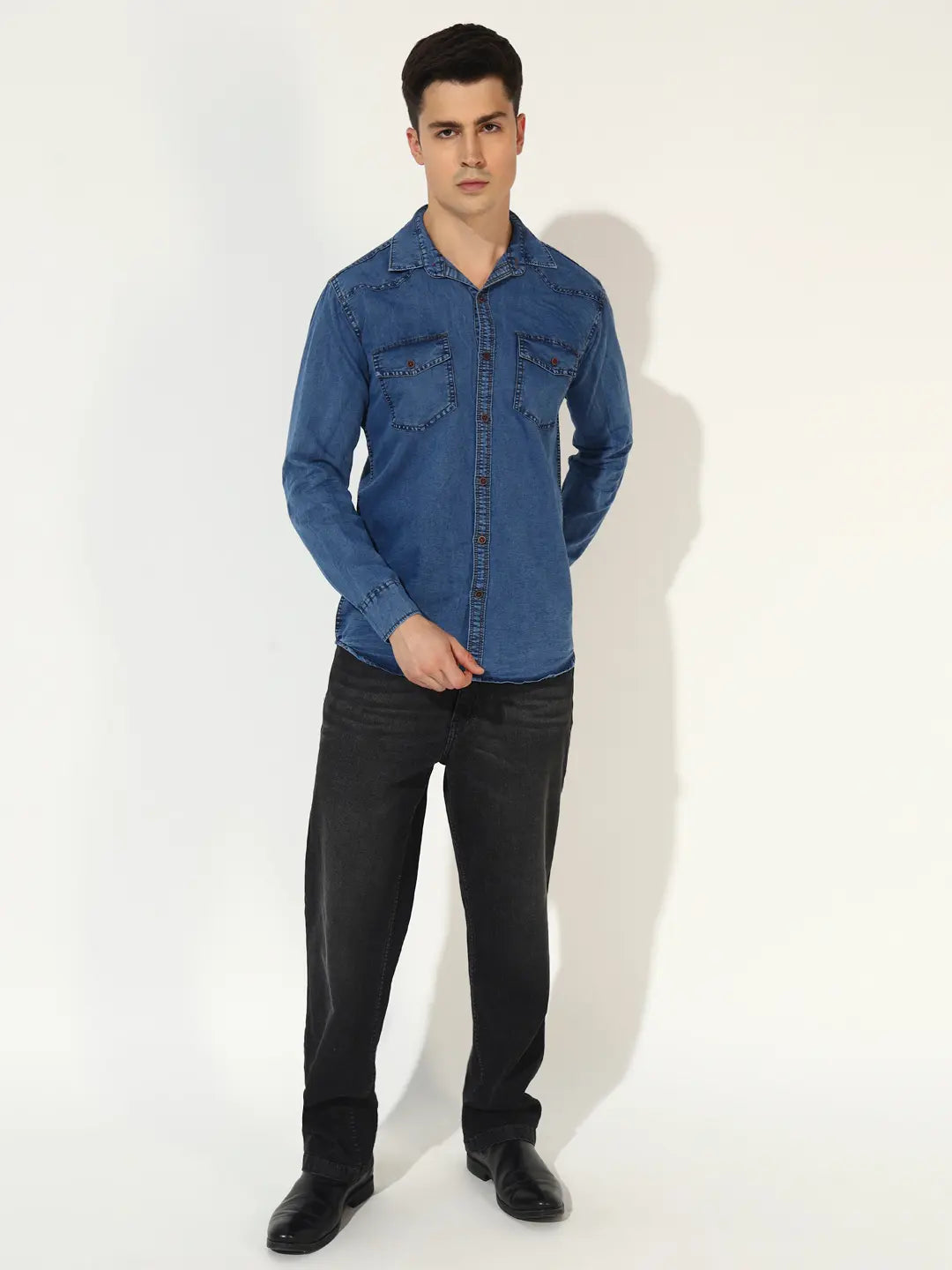 DOUBLE FLAP POCKET SPREAD COLLAR ACID BLUE DENIM SHIRT