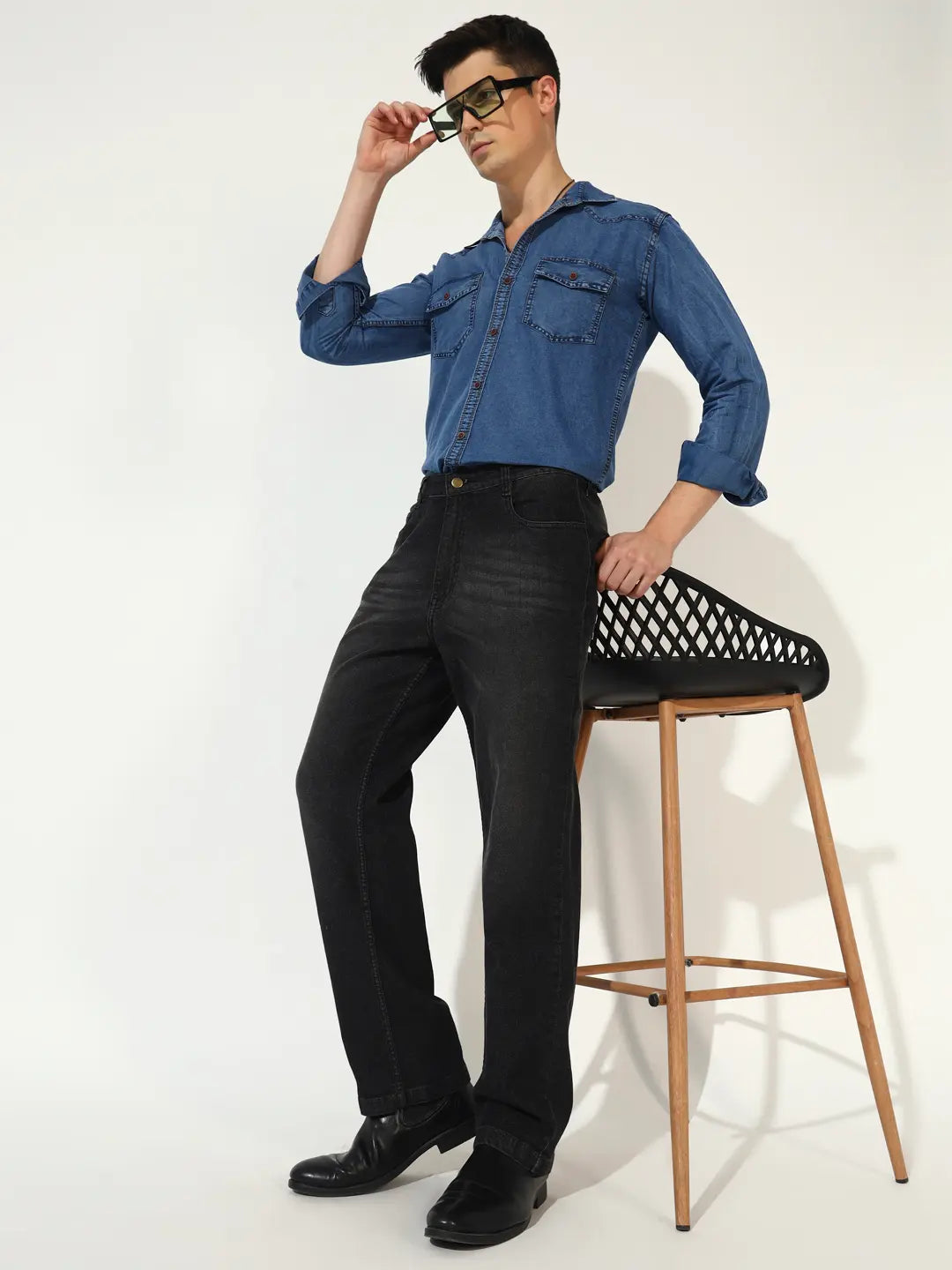 DOUBLE FLAP POCKET SPREAD COLLAR ACID BLUE DENIM SHIRT