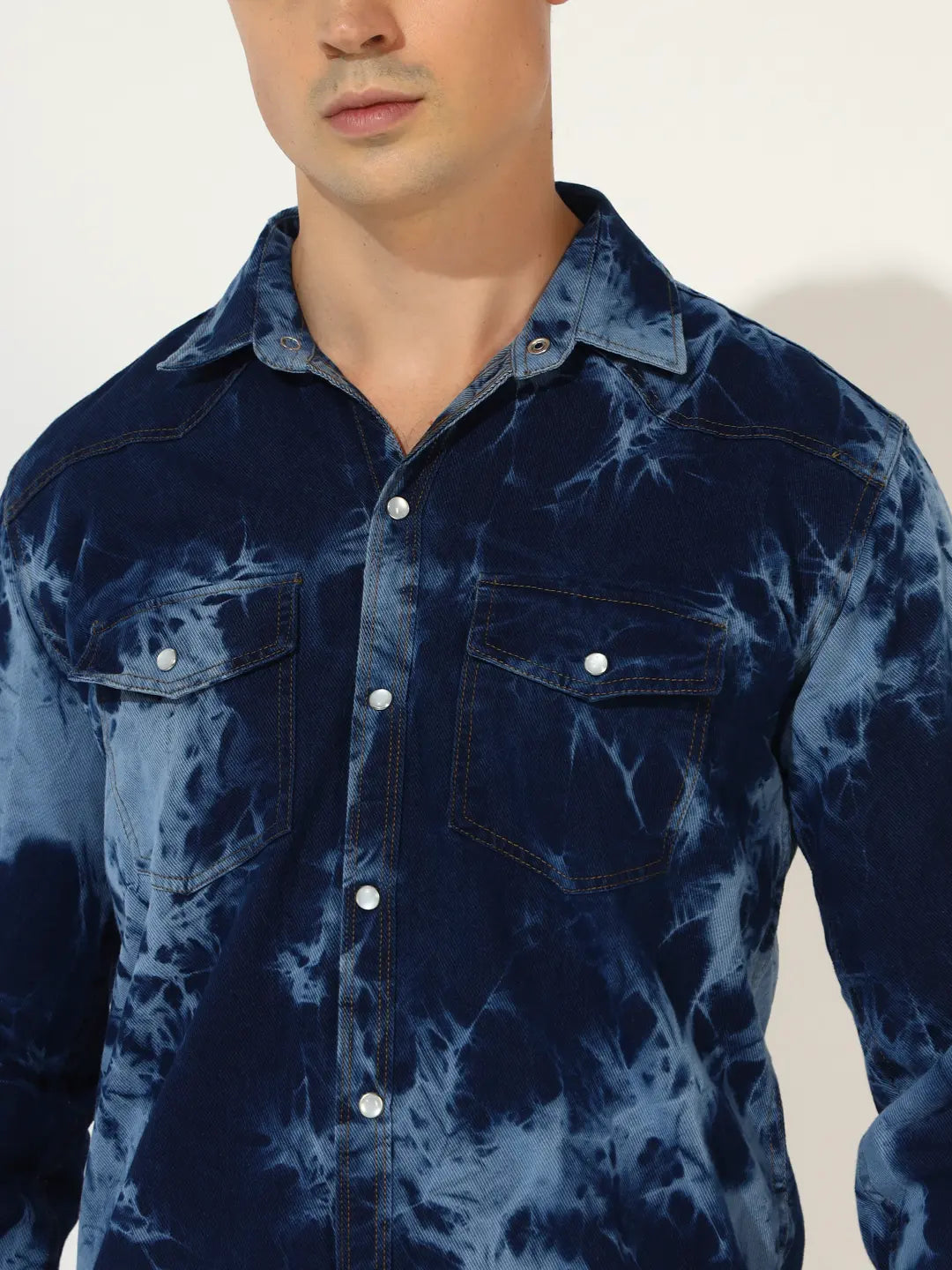 CLOUDBURST DARK BLUE DOUBLE POCKET DENIM SHIRT FOR MEN
