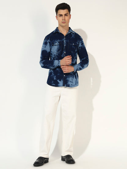 CLOUDBURST DARK BLUE DOUBLE POCKET DENIM SHIRT FOR MEN