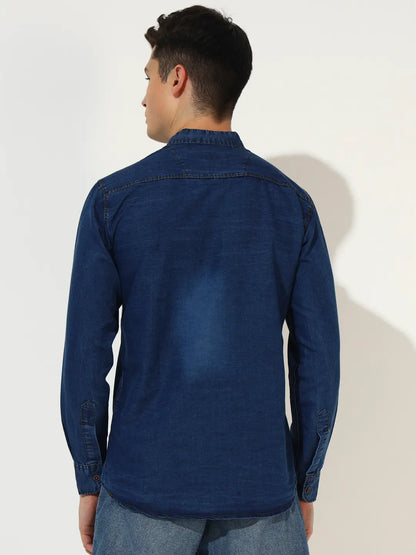 SILK DOUBLE POCKET CHINESE COLLAR ACID BLUE DENIM SHIRT