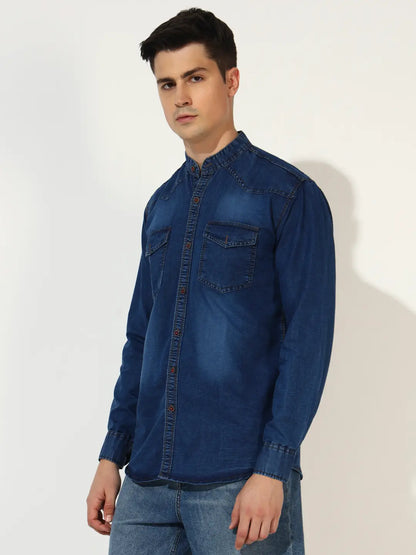 SILK DOUBLE POCKET CHINESE COLLAR ACID BLUE DENIM SHIRT