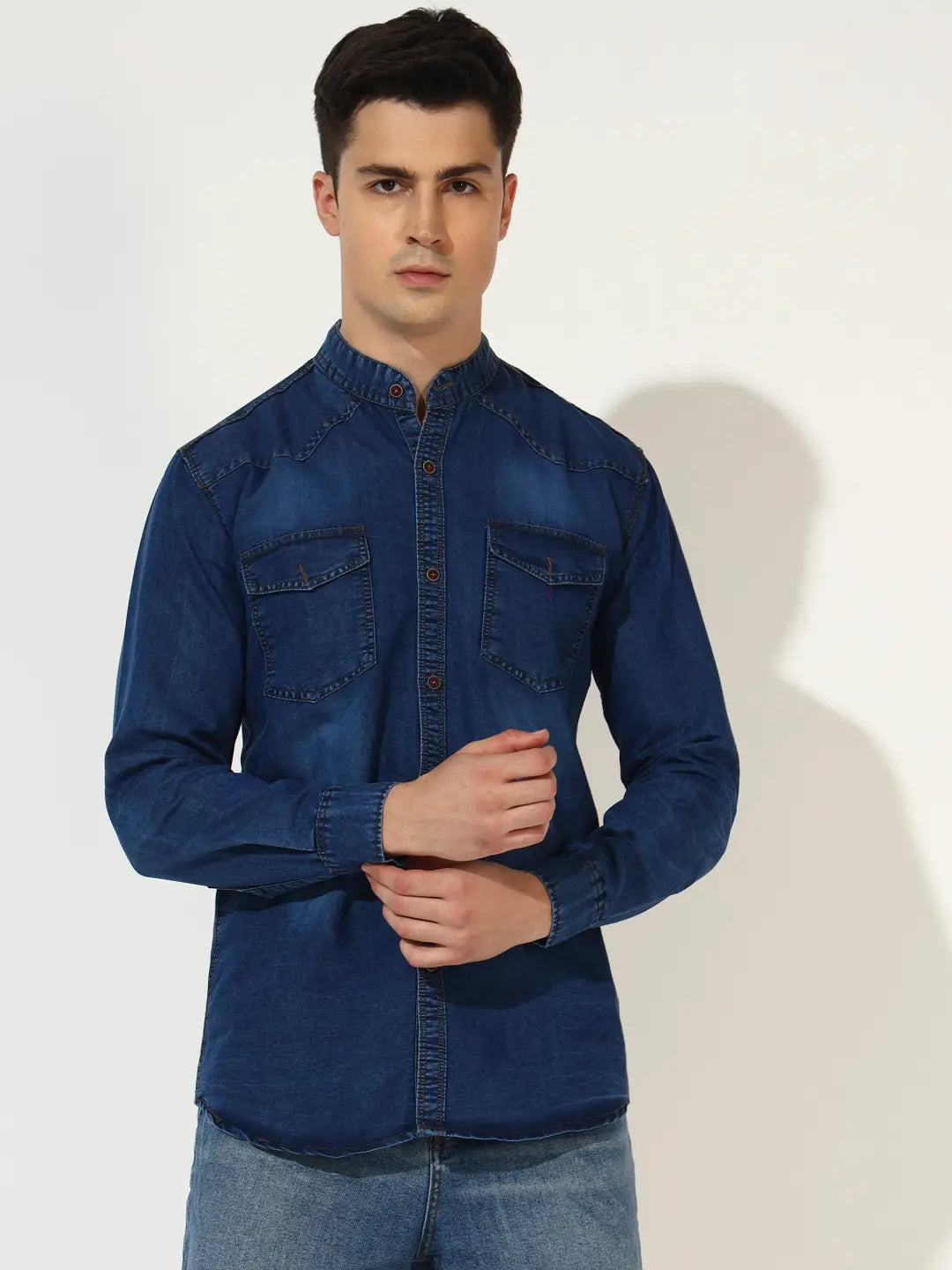 SILK DOUBLE POCKET CHINESE COLLAR ACID BLUE DENIM SHIRT