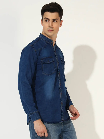 SILK DOUBLE POCKET CHINESE COLLAR ACID BLUE DENIM SHIRT
