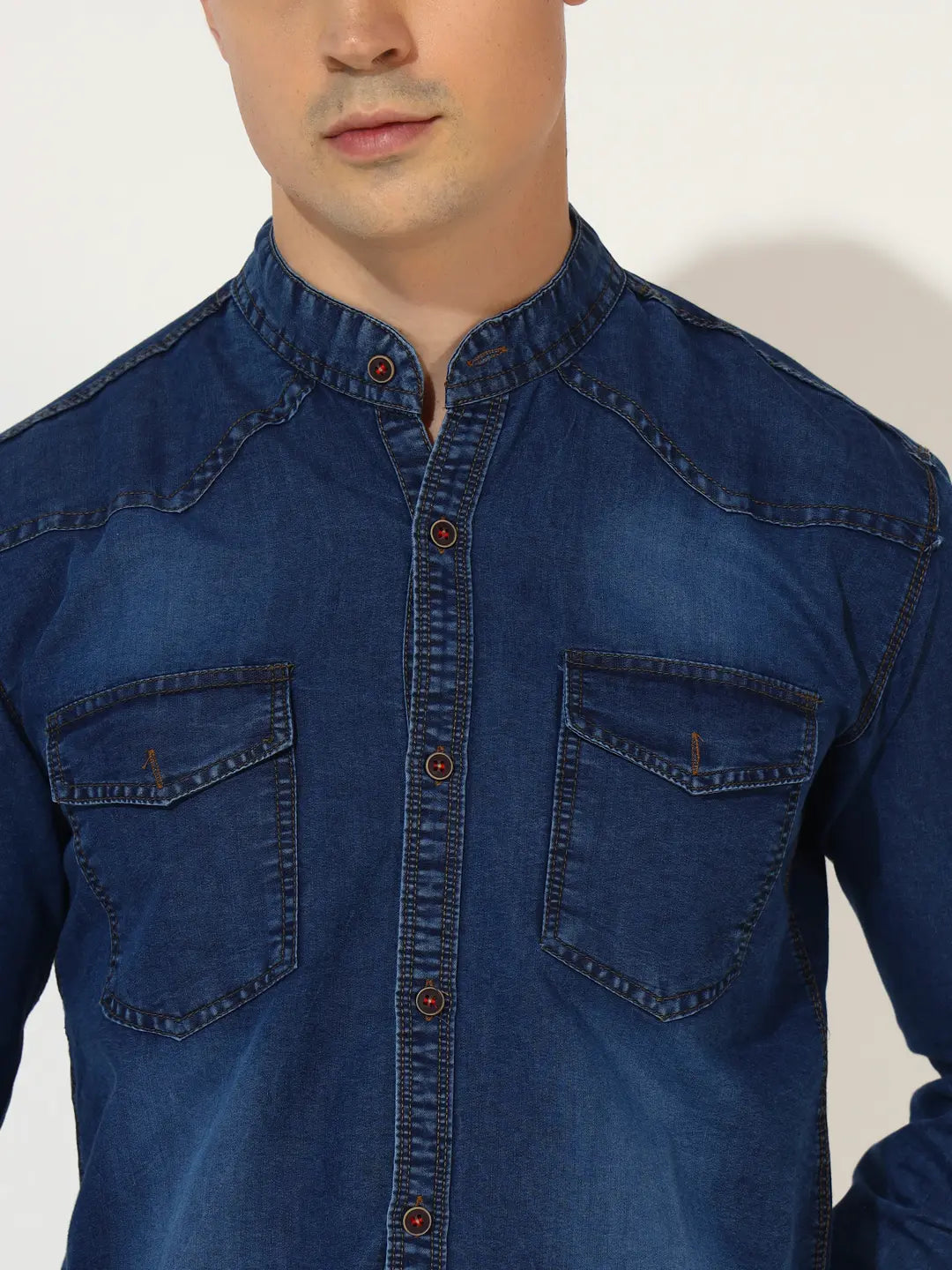 SILK DOUBLE POCKET CHINESE COLLAR ACID BLUE DENIM SHIRT