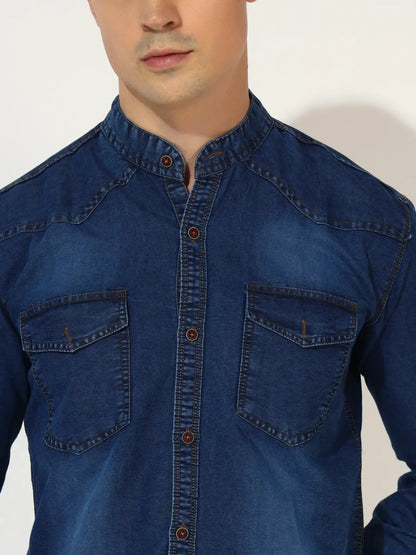 SILK DOUBLE POCKET CHINESE COLLAR ACID BLUE DENIM SHIRT