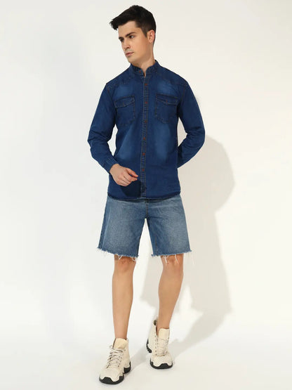 SILK DOUBLE POCKET CHINESE COLLAR ACID BLUE DENIM SHIRT