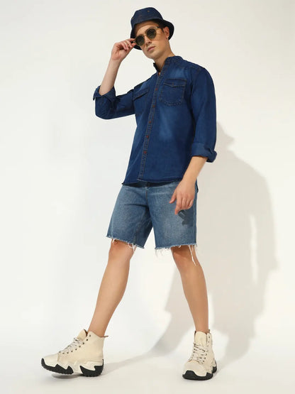 SILK DOUBLE POCKET CHINESE COLLAR ACID BLUE DENIM SHIRT
