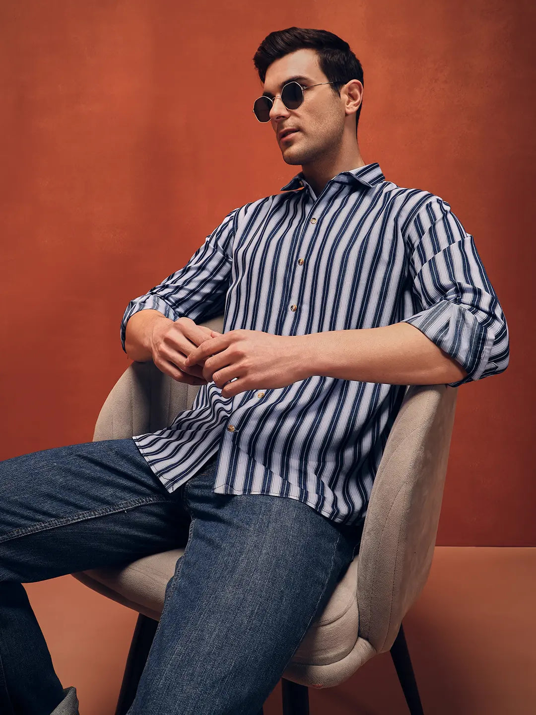 Men's White Stripes Indigo Denim Shirt