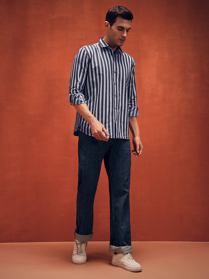 Men's White Stripes Indigo Denim Shirt