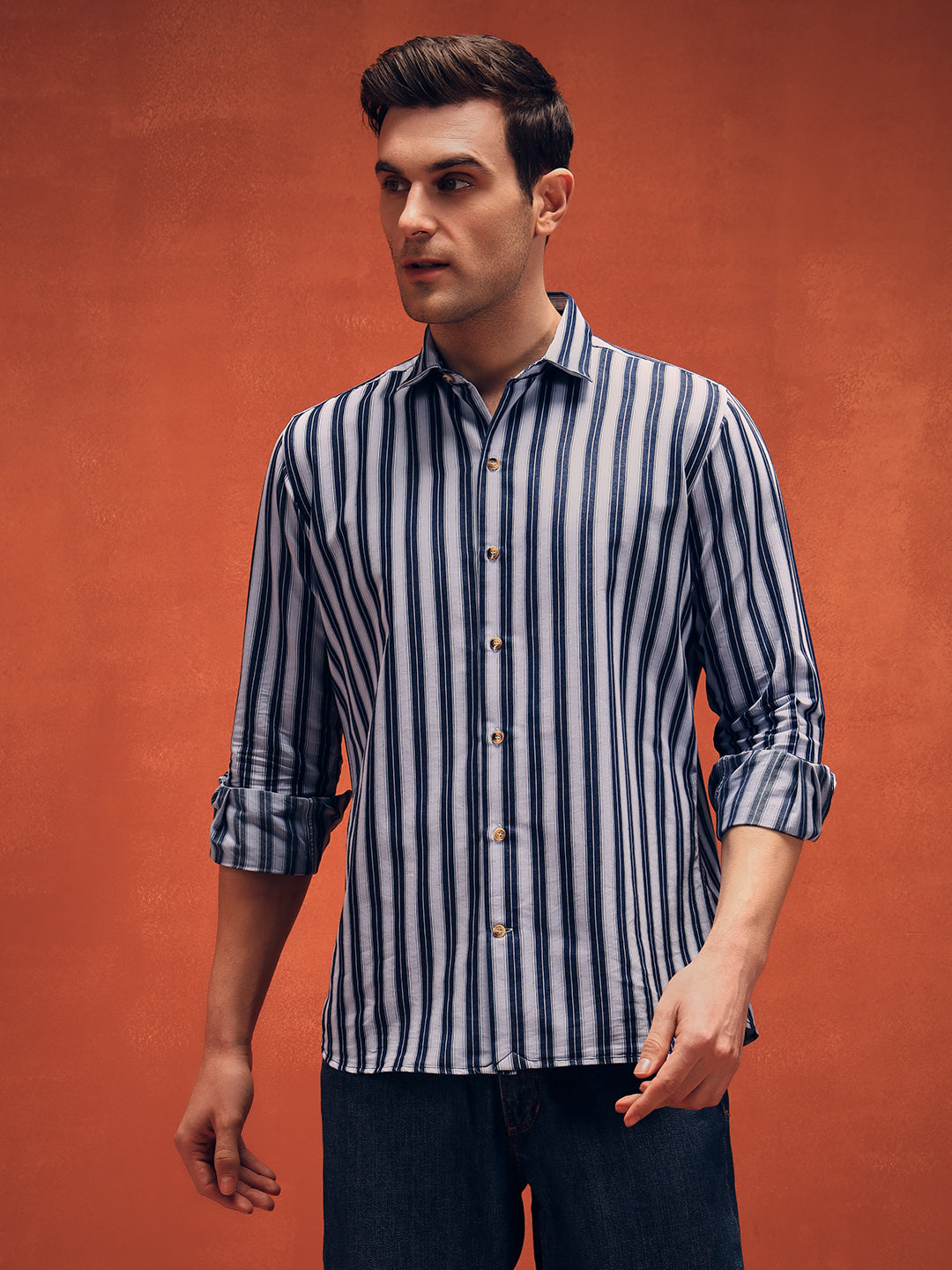 Men's White Stripes Indigo Denim Shirt