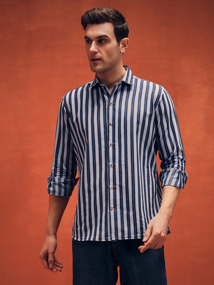 Men's White Stripes Indigo Denim Shirt