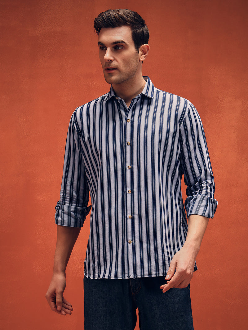 Men's White Stripes Indigo Denim Shirt