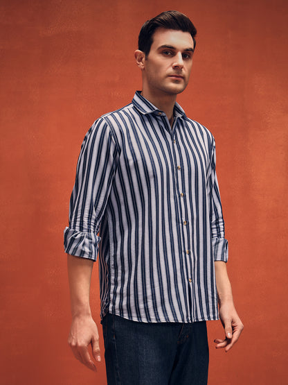 Men's White Stripes Indigo Denim Shirt