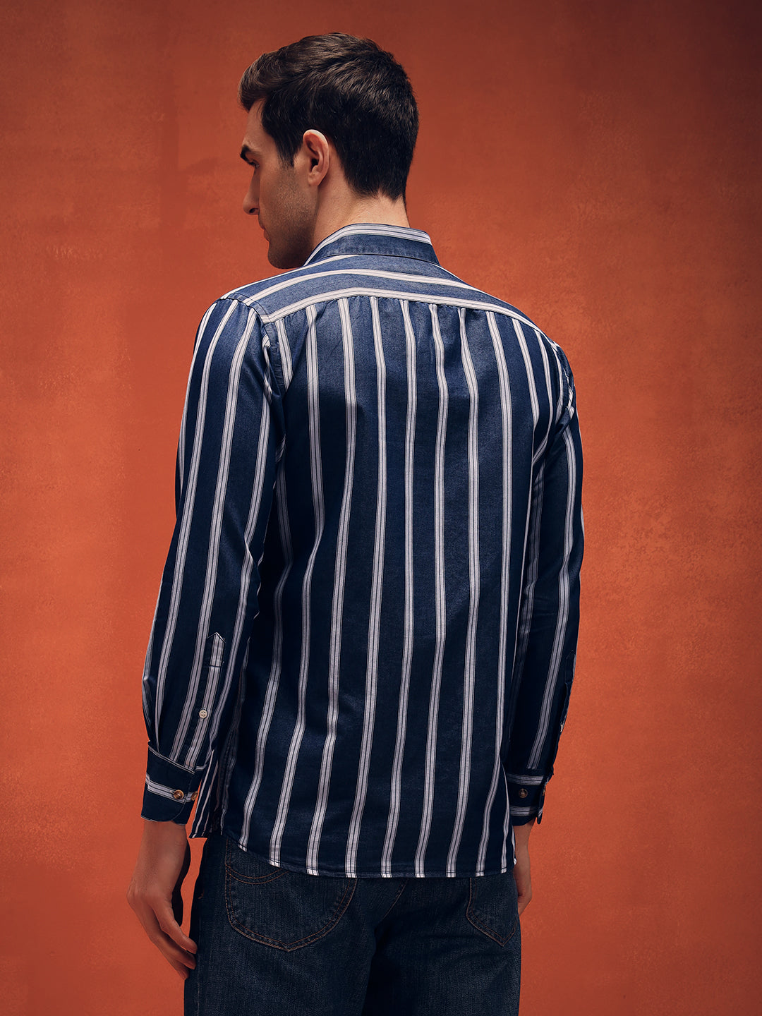 Men's Stripes Navy Blue Denim Shirt