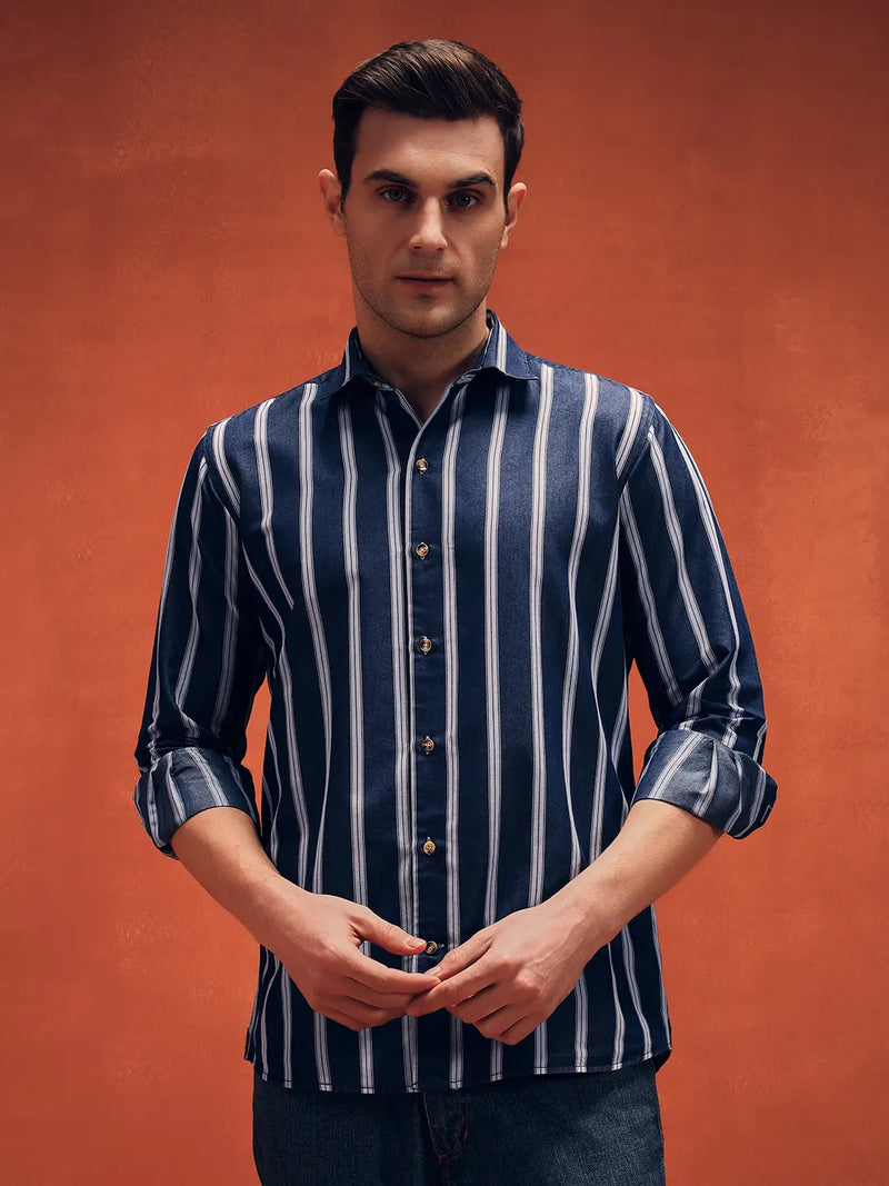 Men's Stripes Navy Blue Denim Shirt