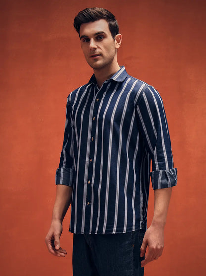 Men's Stripes Navy Blue Denim Shirt