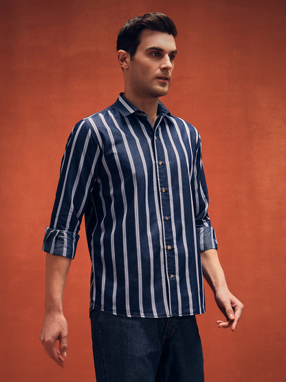 Men's Stripes Navy Blue Denim Shirt