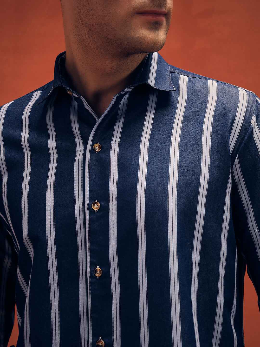 Men's Stripes Navy Blue Denim Shirt