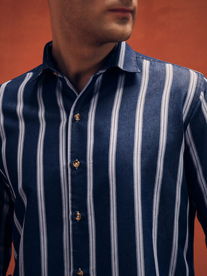 Men's Stripes Navy Blue Denim Shirt