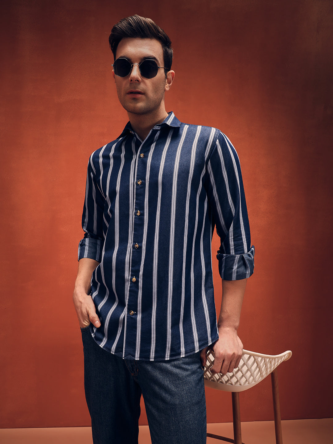Men's Stripes Navy Blue Denim Shirt
