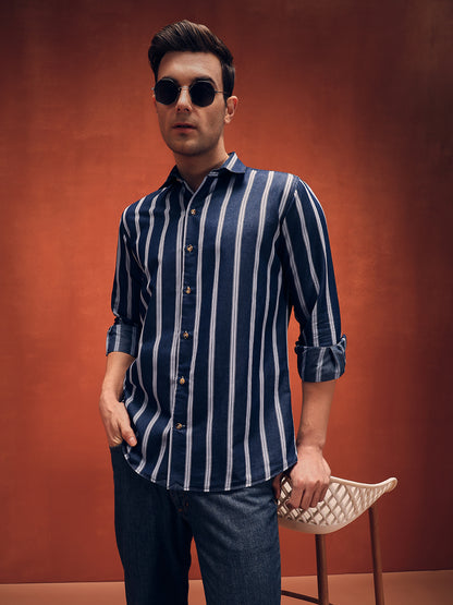 Men's Stripes Navy Blue Denim Shirt
