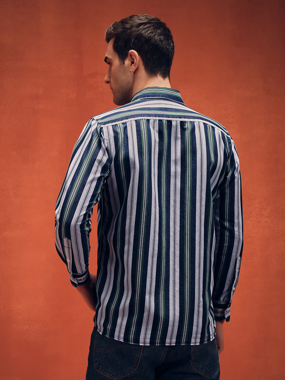 Men's Stripes Green Denim Shirt