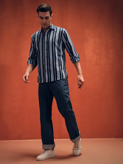 Men's Stripes Green Denim Shirt
