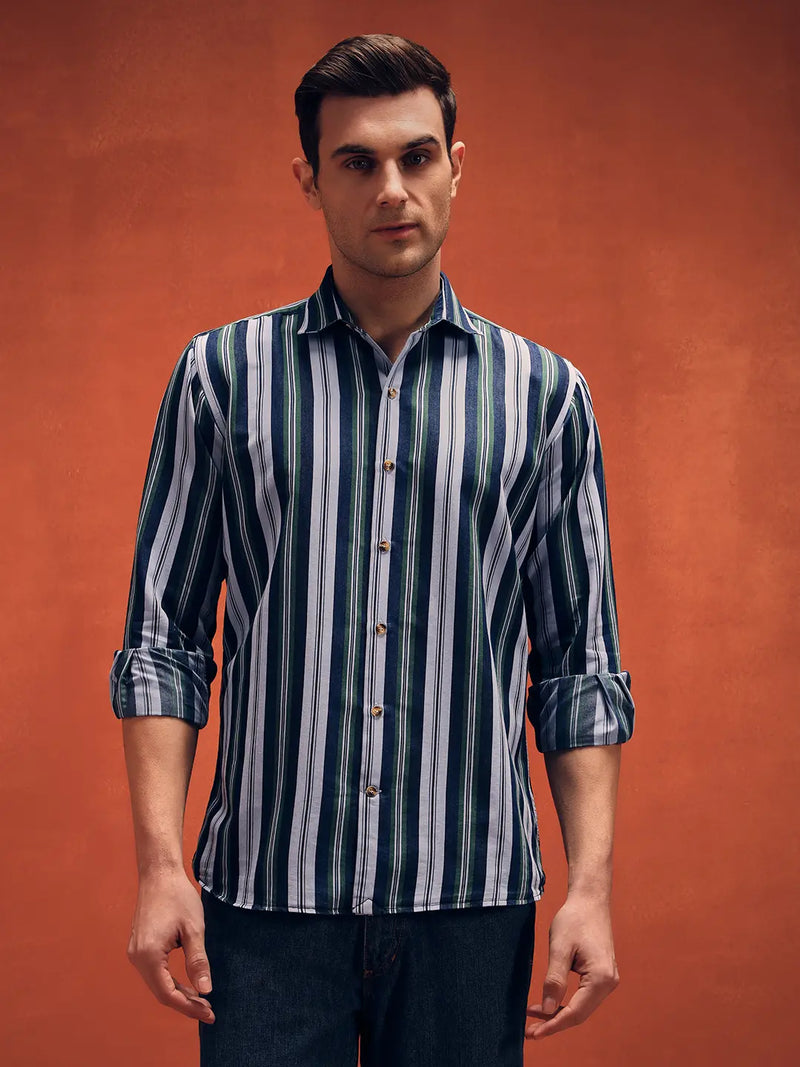 Men's Stripes Green Denim Shirt