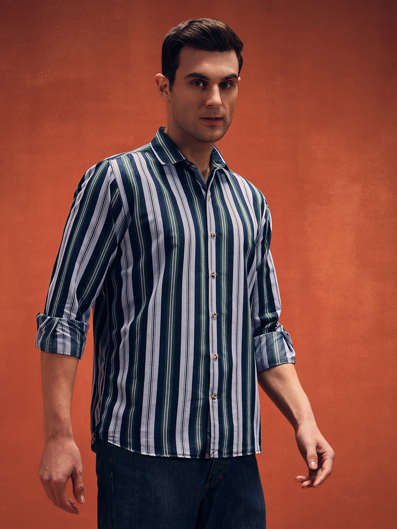 Men's Stripes Green Denim Shirt