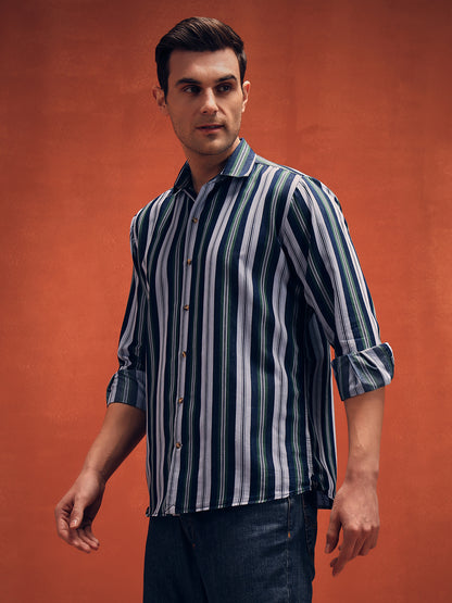 Men's Stripes Green Denim Shirt