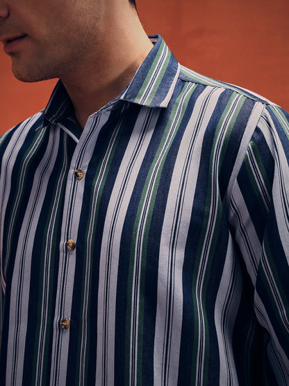 Men's Stripes Green Denim Shirt