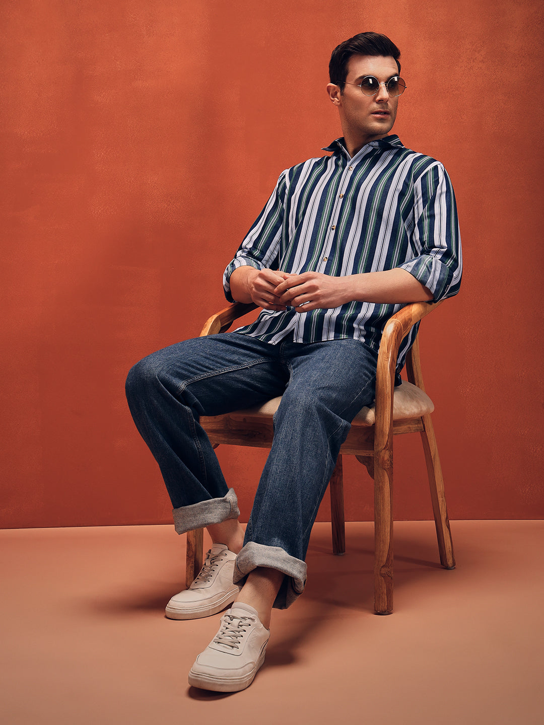 Men's Stripes Green Denim Shirt