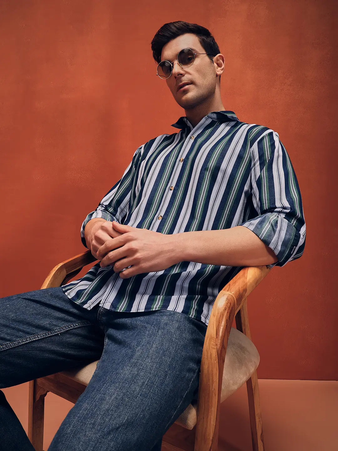 Men's Stripes Green Denim Shirt