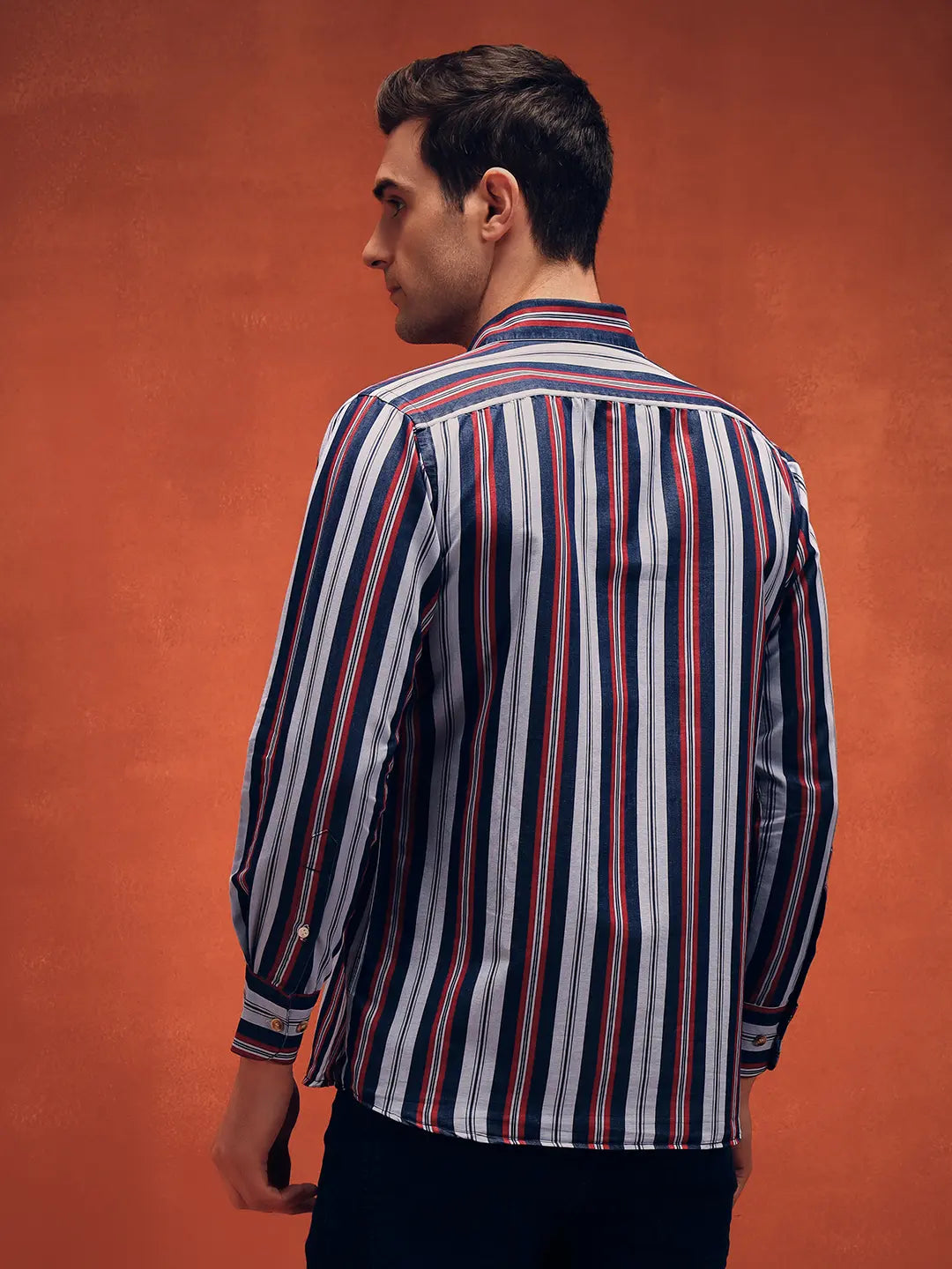 Men's Red Stripes Casual Denim Shirt