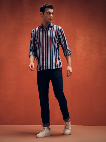Men's Red Stripes Casual Denim Shirt