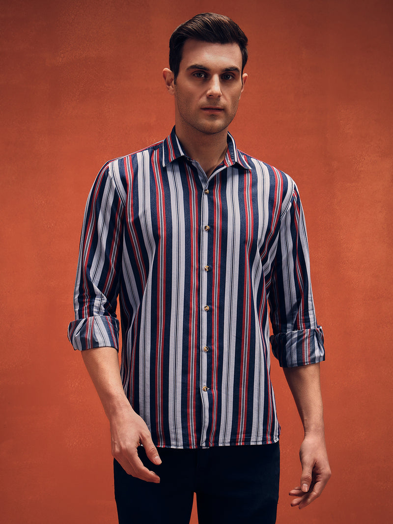 Men's Red Stripes Casual Denim Shirt