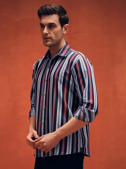 Men's Red Stripes Casual Denim Shirt