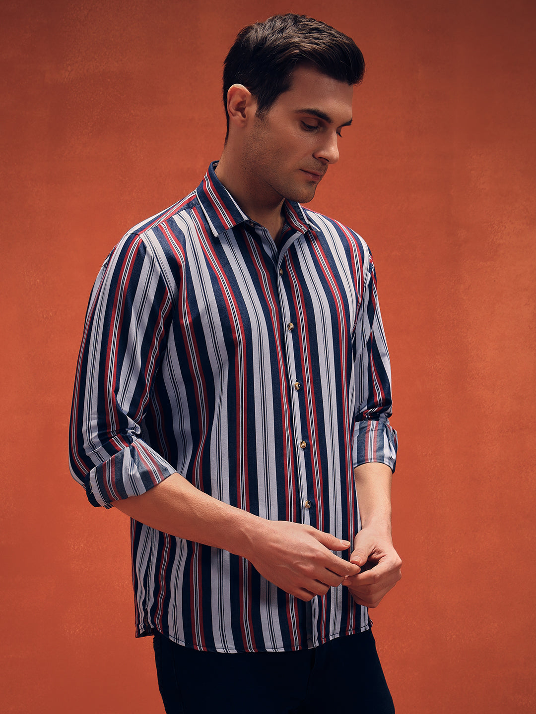 Men's Red Stripes Casual Denim Shirt