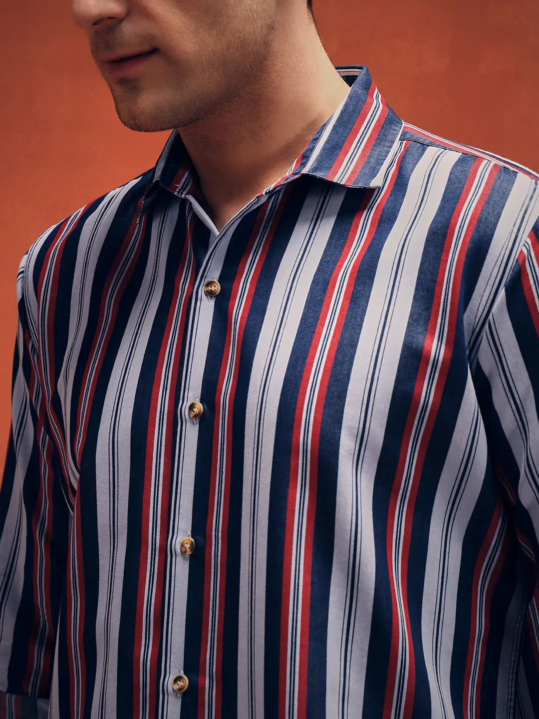 Men's Red Stripes Casual Denim Shirt