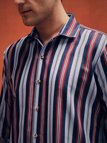 Men's Red Stripes Casual Denim Shirt