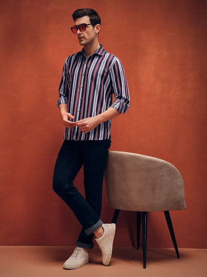 Men's Red Stripes Casual Denim Shirt