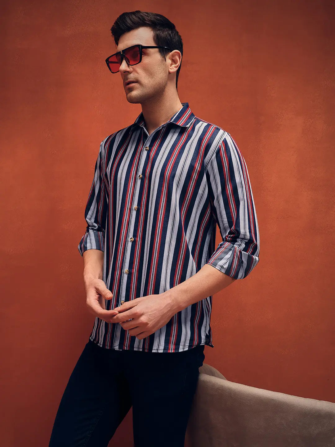 Men's Red Stripes Casual Denim Shirt