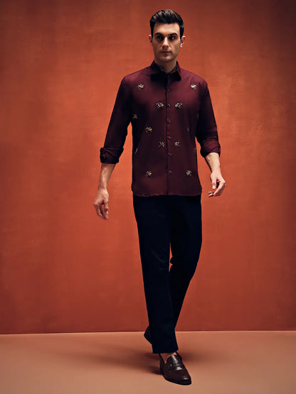 Butterfly Embroidery Maroon Shirt For Mens