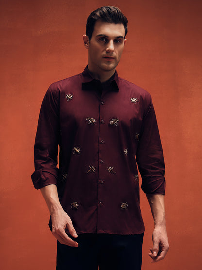 Butterfly Embroidery Maroon Shirt For Mens