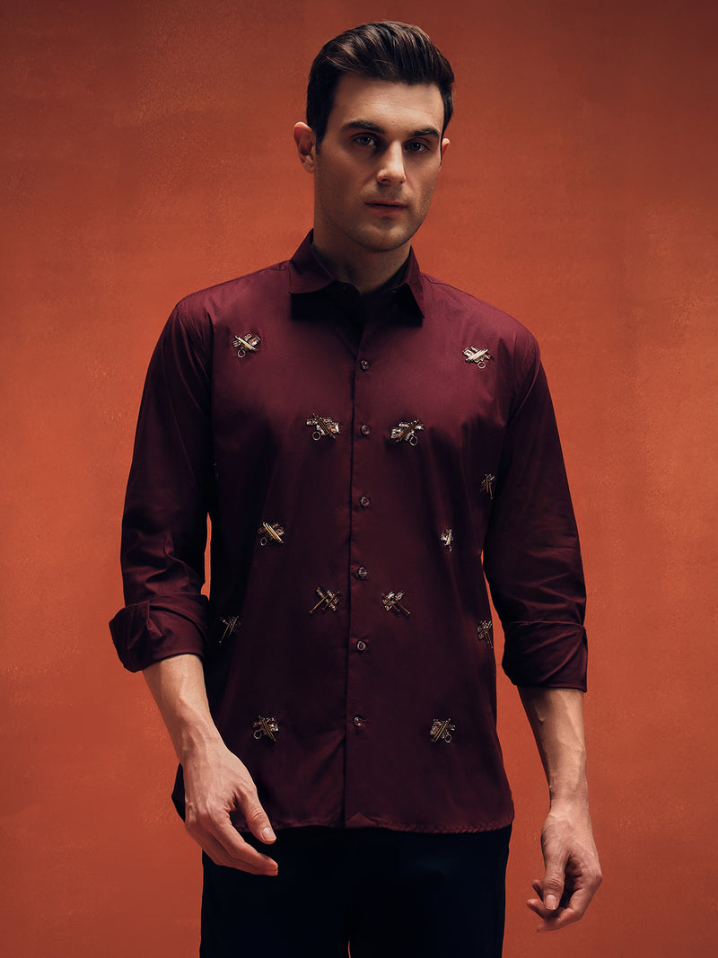 Butterfly Embroidery Maroon Shirt For Mens
