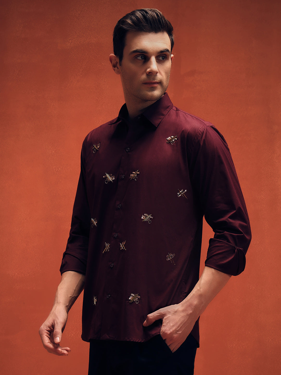 Butterfly Embroidery Maroon Shirt For Mens
