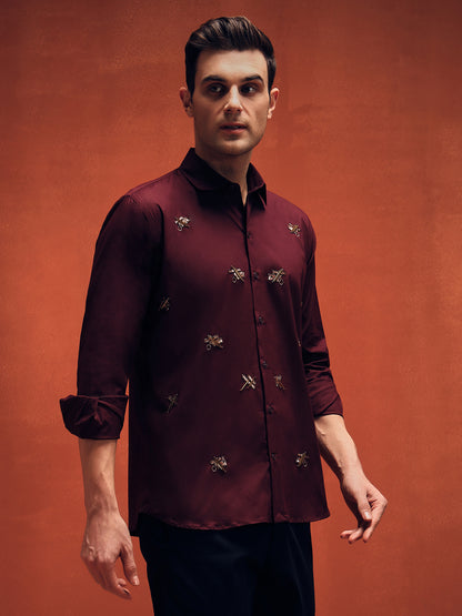 Butterfly Embroidery Maroon Shirt For Mens