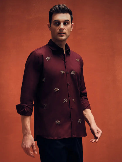 Butterfly Embroidery Maroon Shirt For Mens